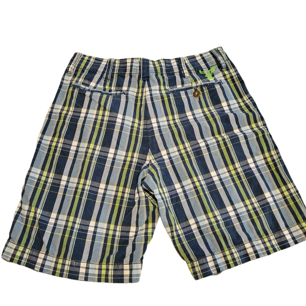American Eagle Mens Shorts Blue Plaid 33 Cotton 4 Pockets Classic Flat Front
